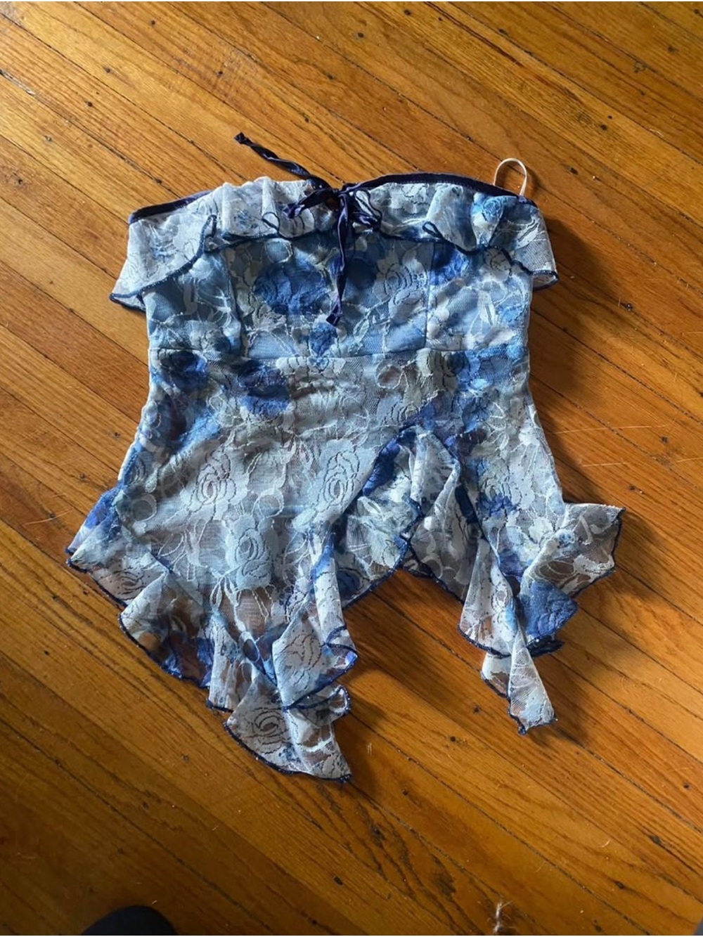 Blue Floral Lace Ruffled Strapless Top